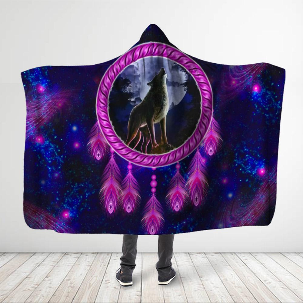 ViticStore™ 3D All Over Printed Wolf With Purple Galaxy Dreamcatcher – Hooded Blanket