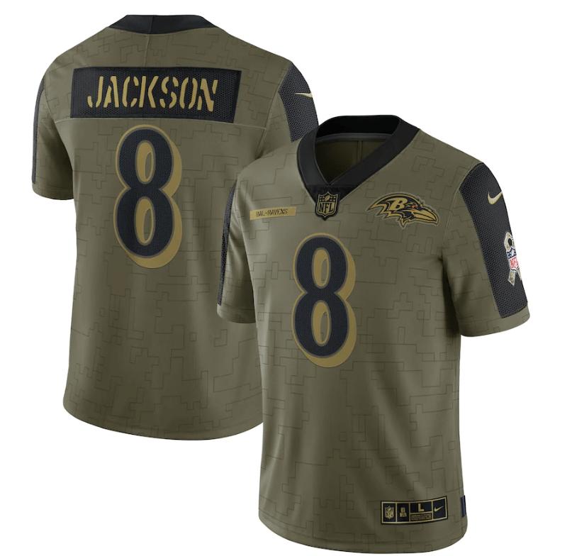 Baltimore Ravens Lamar Jackson 8 NFL Olive 2021 Salute To Service Player Men Jersey For Ravens Fans