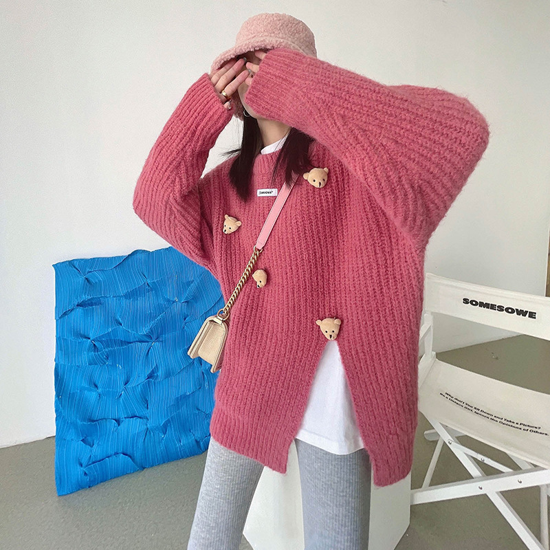 Cute 3D Bear Doll Knitted Sweater Women Ribbed Irregular Side Split Sweet Jumpers Autumn Winter O Neck Elegant Korean Pullovers alx