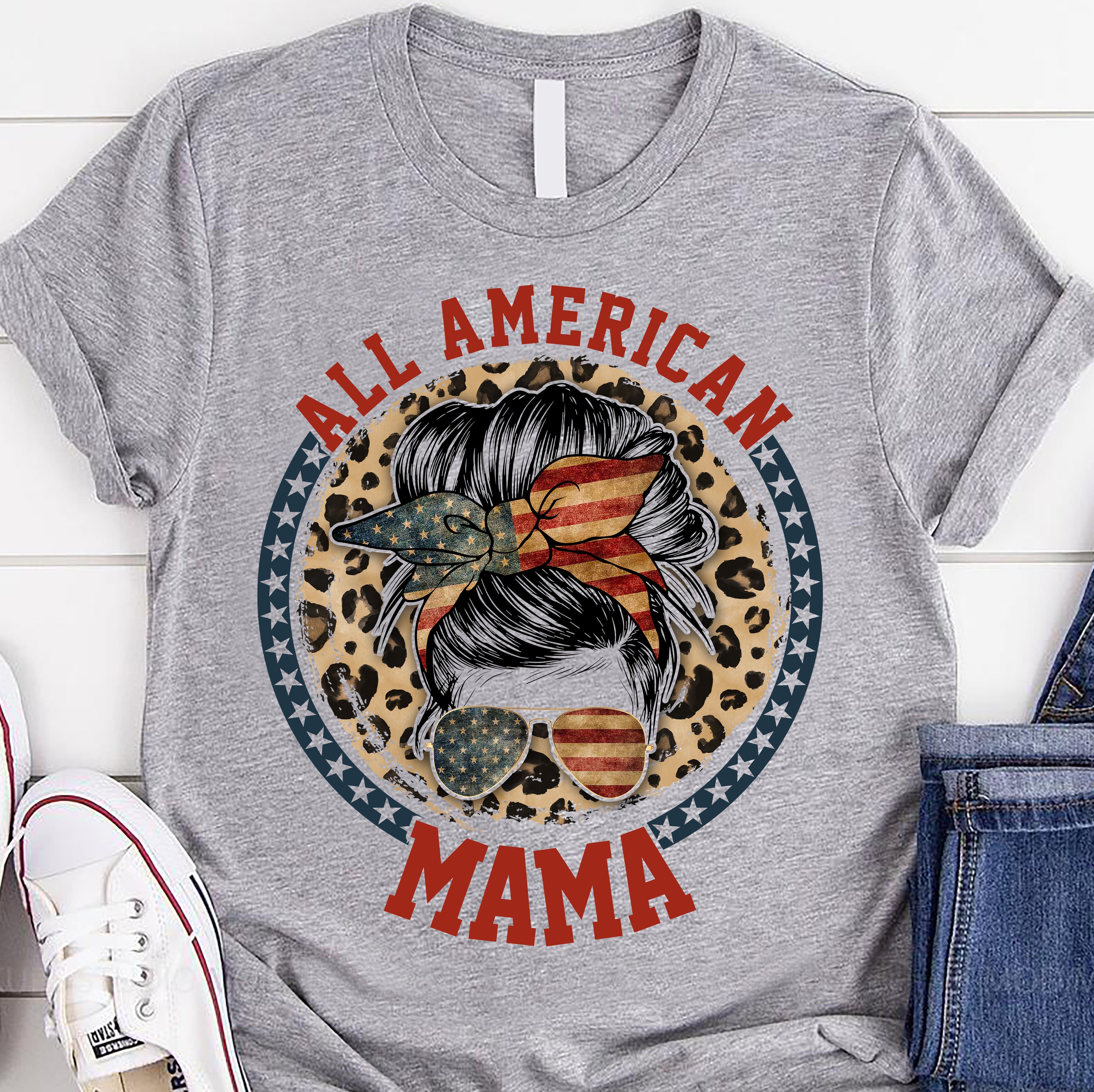 All American Mama Leopard Messy Bun Mom 4Th Of July Customizable – Standard T-Shirt