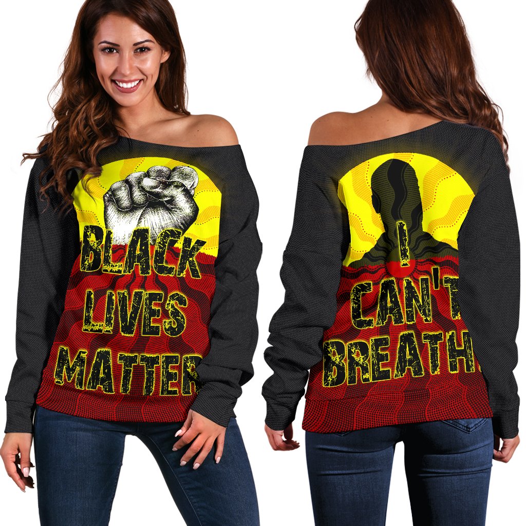 Women’S Off Shoulder Sweater, Aboriginal Black Lives Matter Sun Dot Painting