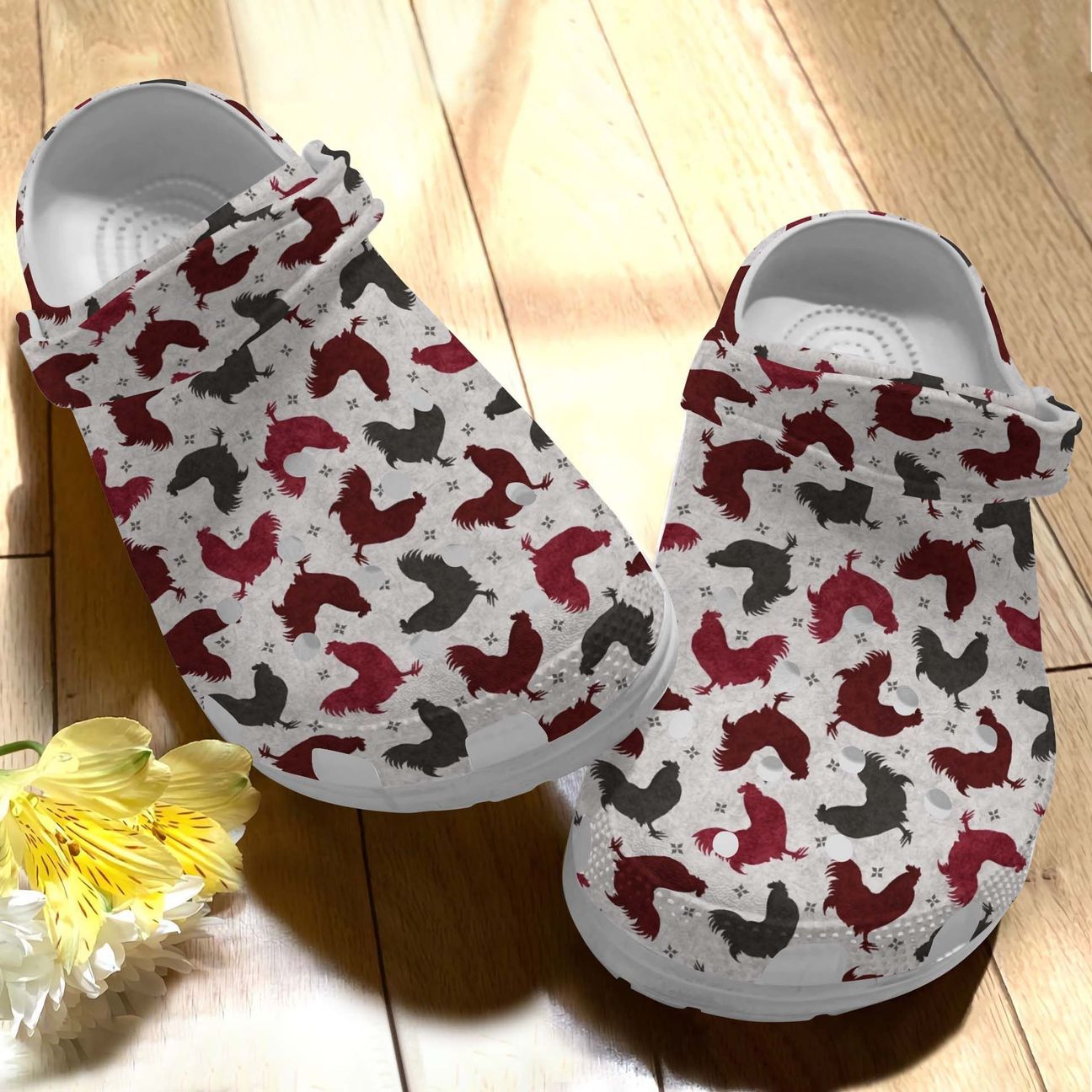 Chicken Personalize Clog, Custom Name, Text, Fashion Style For Women, Men, Kid, Print 3D Whitesole Red Chickens