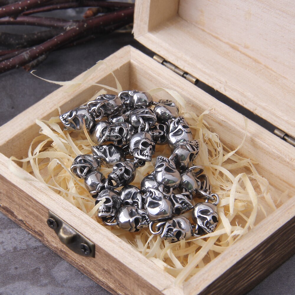 Stainless steel new design men punk skull chain necklace men fashion stainless steel charm bracelet jewelry with wooden box alx