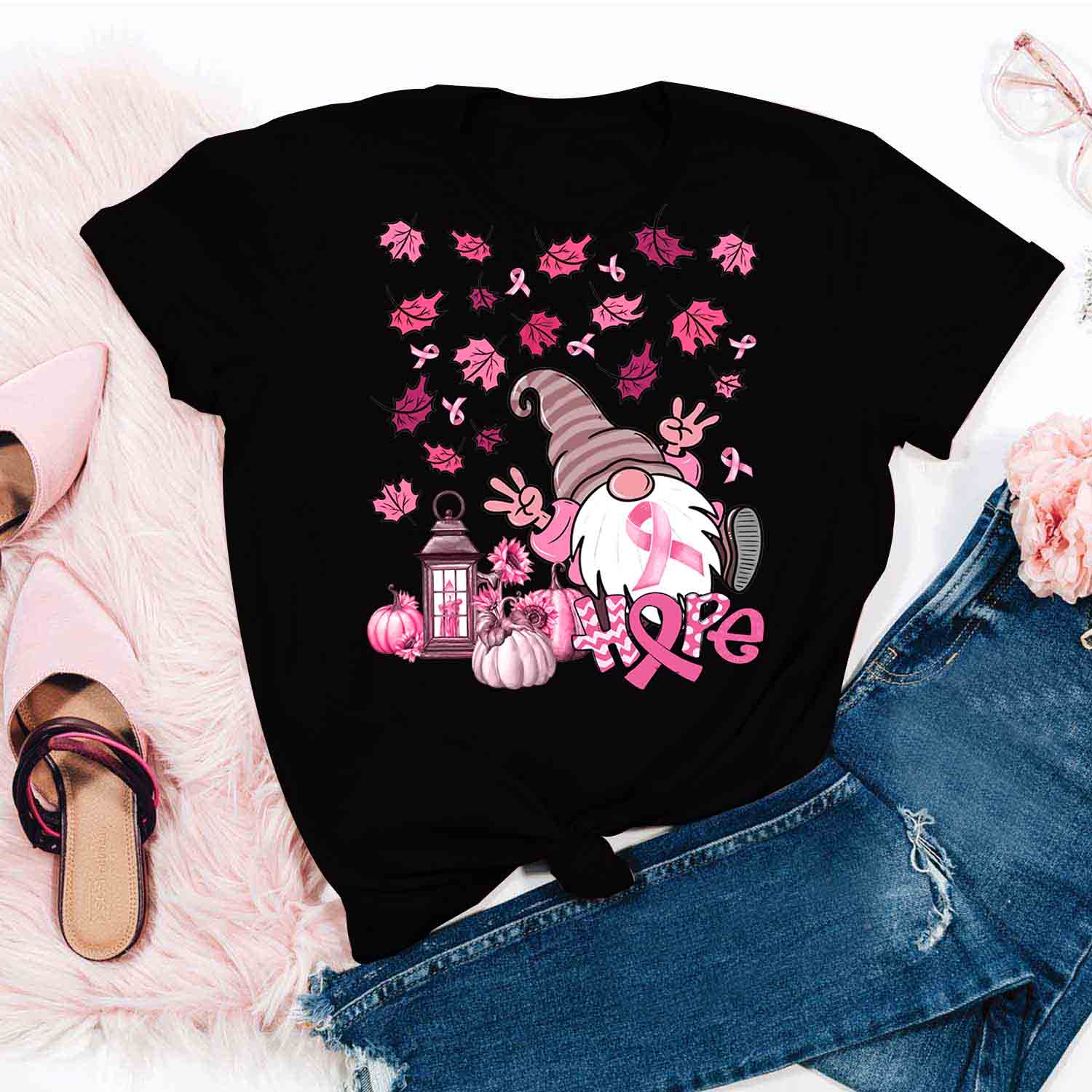 Autumn And Gnomes Shirt Hope – Breast Cancer Awareness T-Shirt Thanksgiving Gifts For Mom Daughter Friends Hoodies Sweater Pink