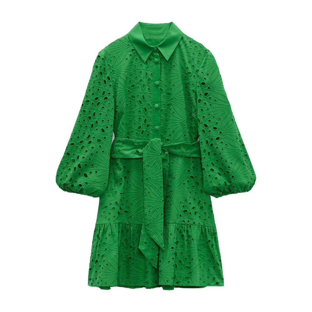 Zach AiIsa’s new green temperament lapel long-sleeved elastic cuffs cotton texture hollow embroidery loose casual lace-up dress alx