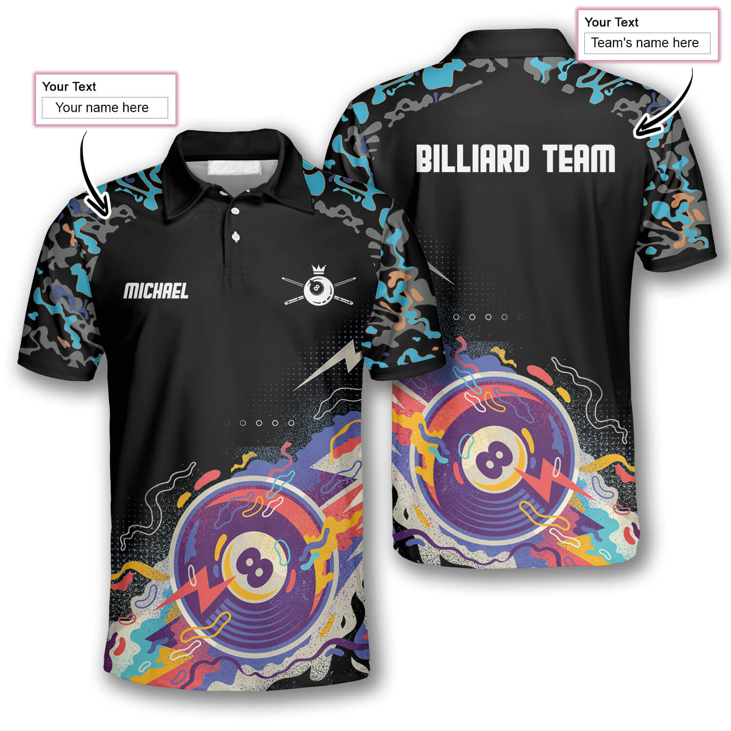 3D All Over Ball 8 Color Black Blue Custom Billiard Shirts For Men