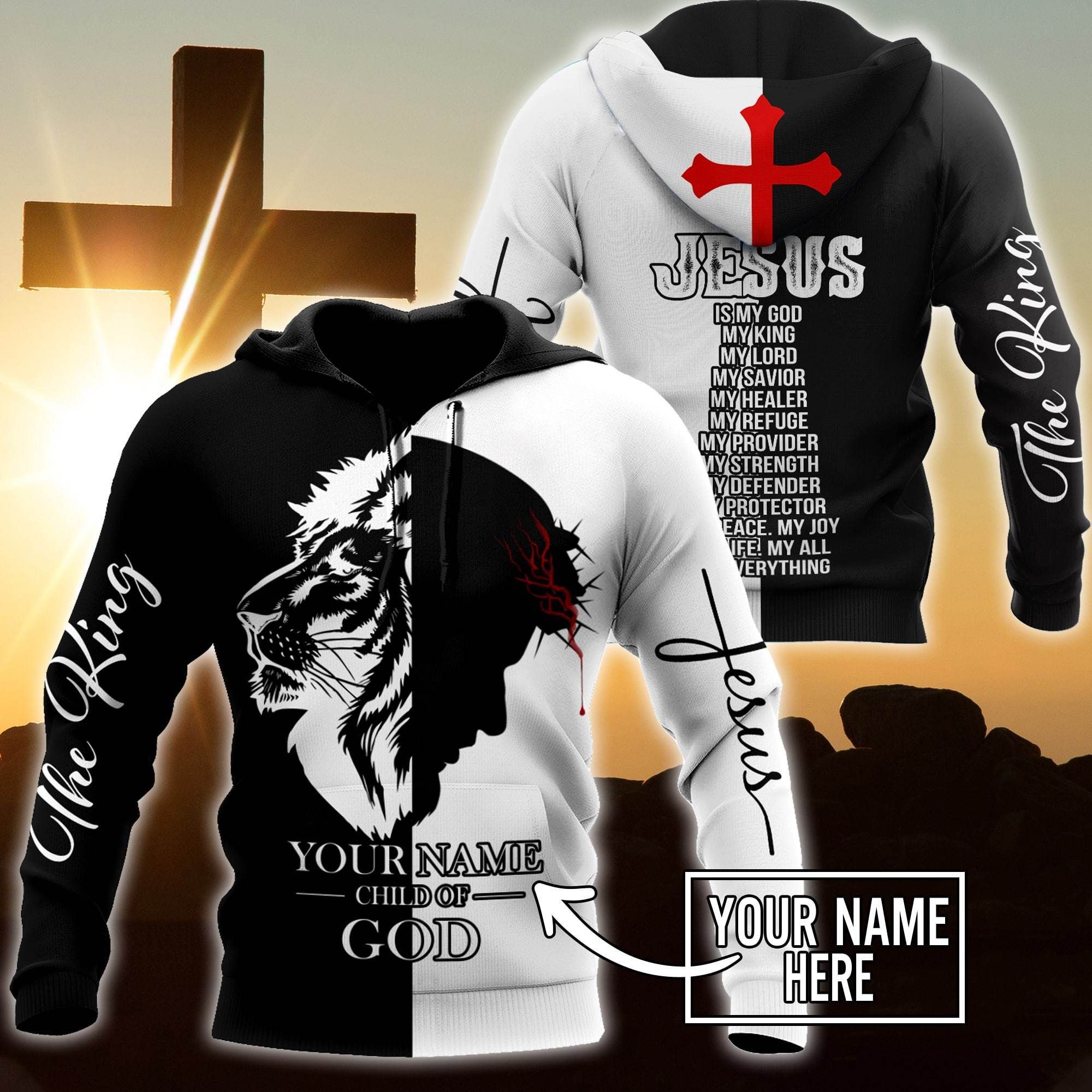 Jesus Christ Cross Lion God Bless Personalized Name 3D Printed Hoodie, T-Shirt For Men And Women