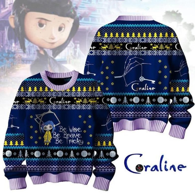 Coraline Christmas Ugly Sweater, Vintage Horror Characters Sweatshirt, Spooky Movie Shirt, Coraline Doll Sweatshirt, Christmas Gifts Shirt