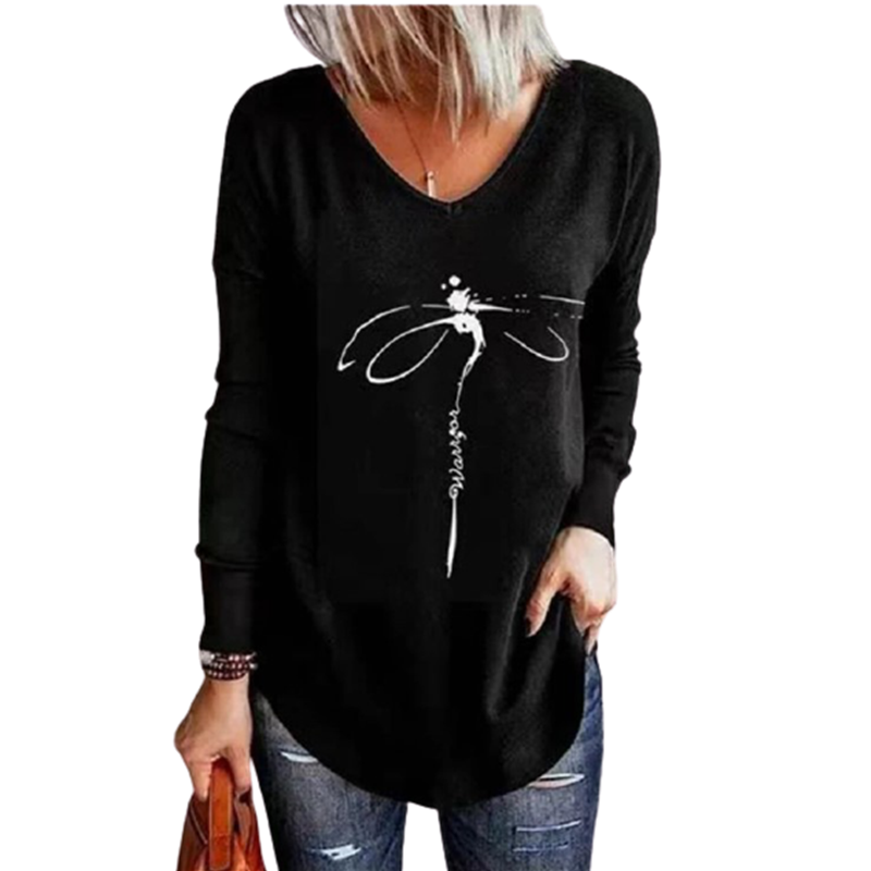 All-Match Casual Fashion T-Shirt Autumn And Winter New Women’s V-Neck Pullover Printing Loose Long-Sleeved Bottoming Shirt Top alx