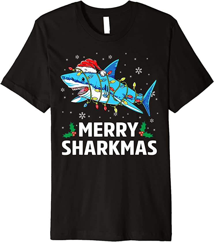 Cute Merry Sharkmas Funny Shark Santa Hat Ugly Christmas Premium T-Shirt