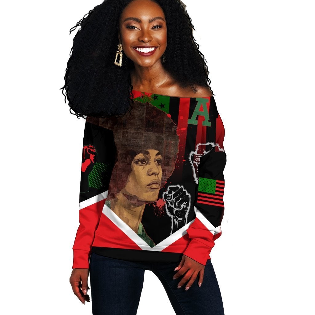 Wonder Print Shop Sweatshirt – African American Flag Angela Davis Women Off Shoulder