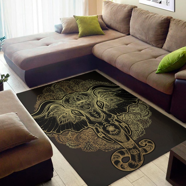 Golden Spiritual Elephant Print Area Rug