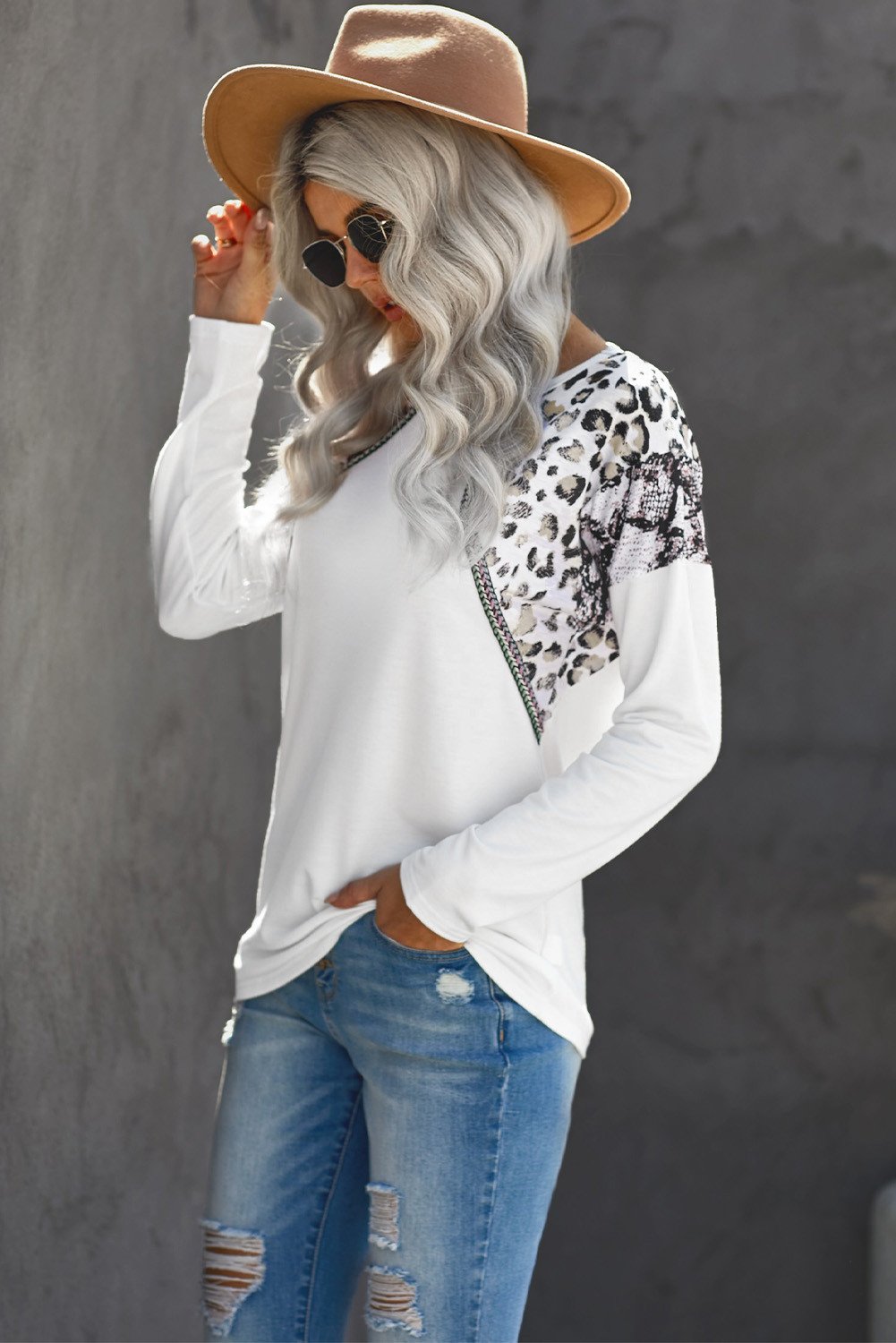 White Long Sleeve Top With Leopard Snakeskin Print