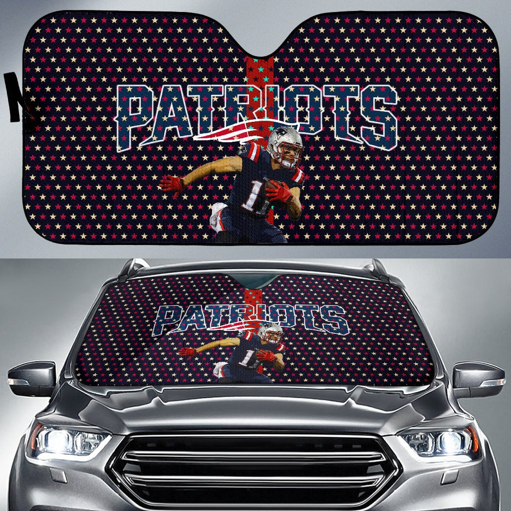 New England Patriots American Football Team Car Sunshade Julian Edelman 11 Grab Rugby Ball And Running Tiny Star Patterns Car Sun Shade