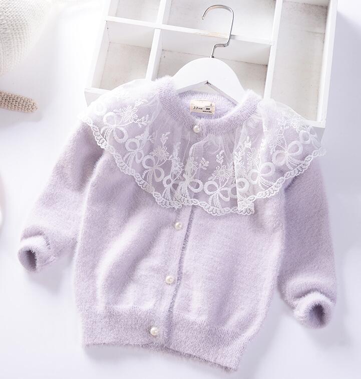 2022 spring Autumn warm Girls Sweater Baby Princess mink velvet knit Cardigan jacket Lace Kids Clothes Children Clothing 2-8y alx