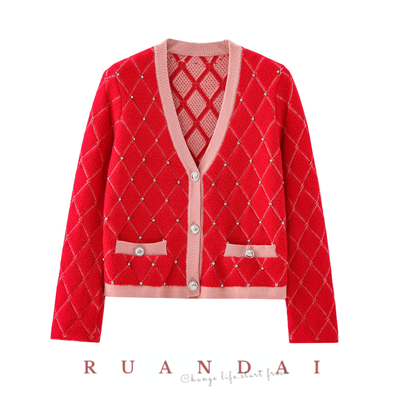 Tweed Long-sleeved Cardigan for RUANDAI 2022 Spring and Autumn New Red V-neck Diamond-encrusted Diamond Knitted Cardigan Women alx