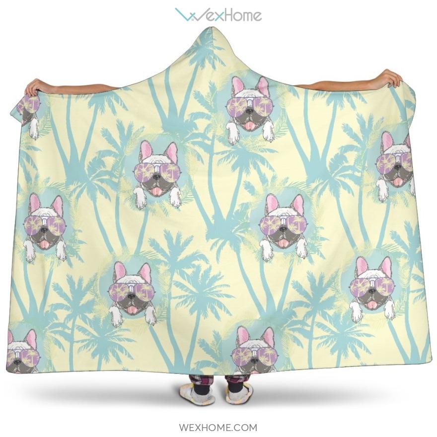 French Bulldog Hawaii Blackground Hooded Blanket