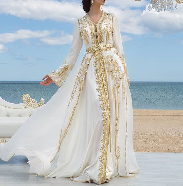 White Chiffon Luxury Evening Dresses Golden Lace Appliques Moroccan Kaftan Dubai Mother Dress Arabic Muslim Special Occasion alx