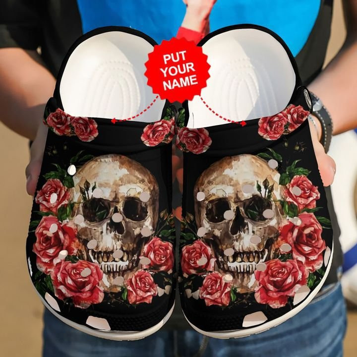 Skull And Red Floral clog Shoes Skull