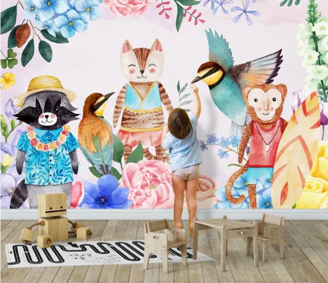 3D Color Cartoon Animals Bird Monkey Tige Wall Mural Wallpape 161