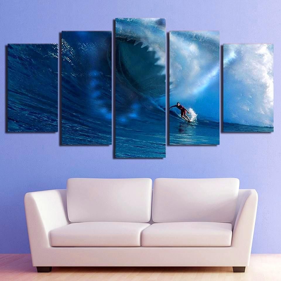 Shark Surf The Waves Ocean 5 Panel Canvas Art Wall Decor