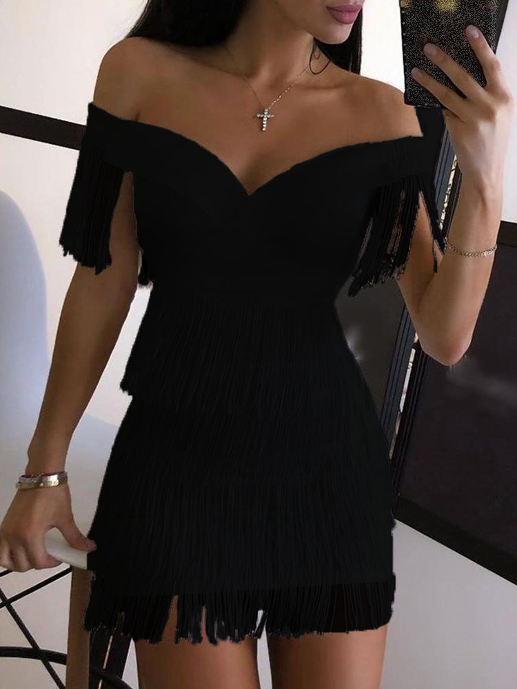 Summer Sexy Bodycon Dress Woman Elegant White Off Shoulder Fringe Party Dresses For Women 2022 Fashion V Neck Short Dress New alx