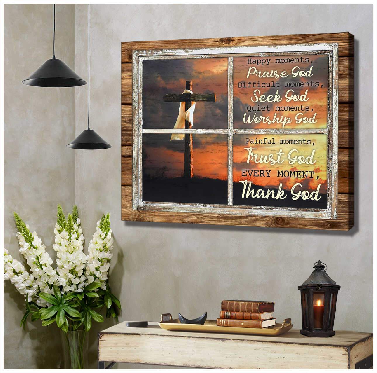 Vintage Wood Window Cross Happy Moments, Praise God Farm Farmer Farmhouse Canvas Poster Print, Canvas Wall Decor