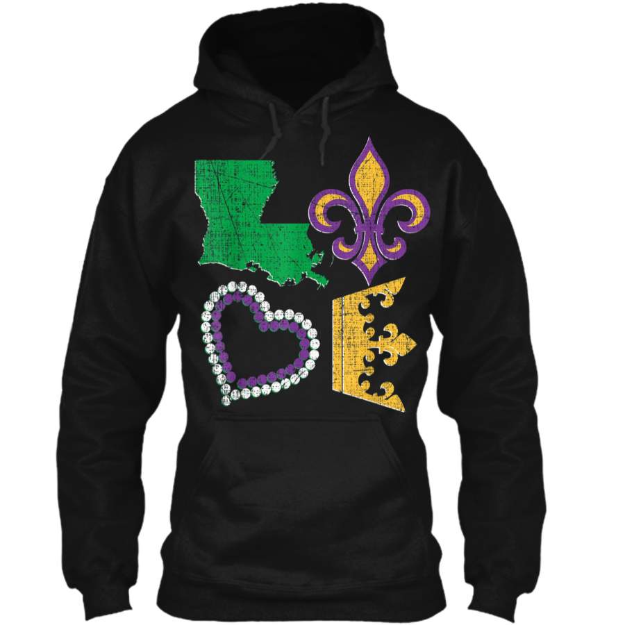 Women’s Mardi Gras  I Love Mardi Gras Distressed Gift Pullover Hoodie 8 oz