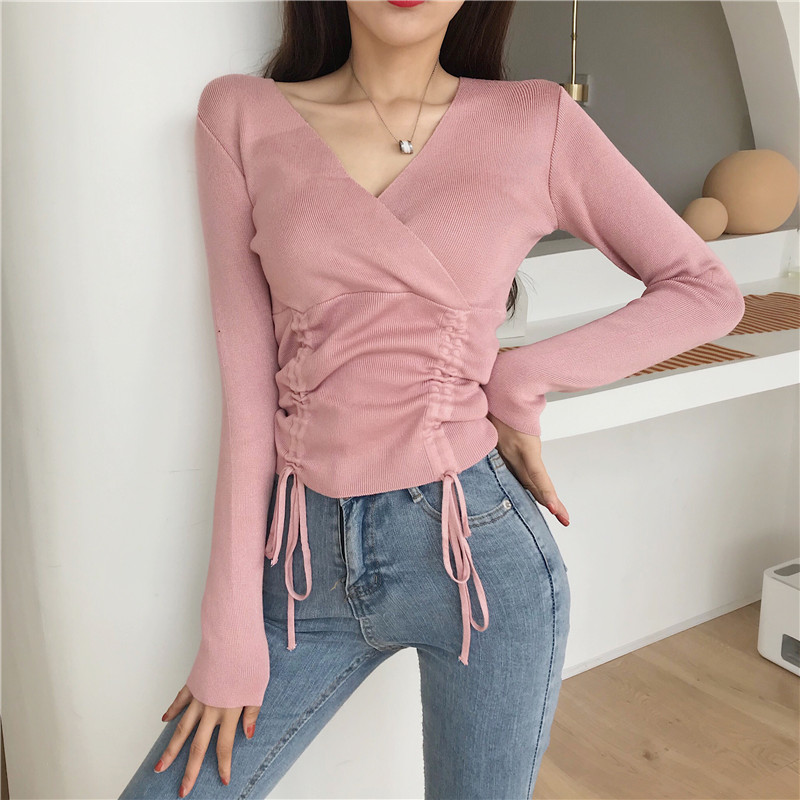 Women’s V-neck Knitted Full Sleeve Solid Cropped Sweater Shirts Girls Sweaters Pullovers Jumpers Crop Tops for Female alx