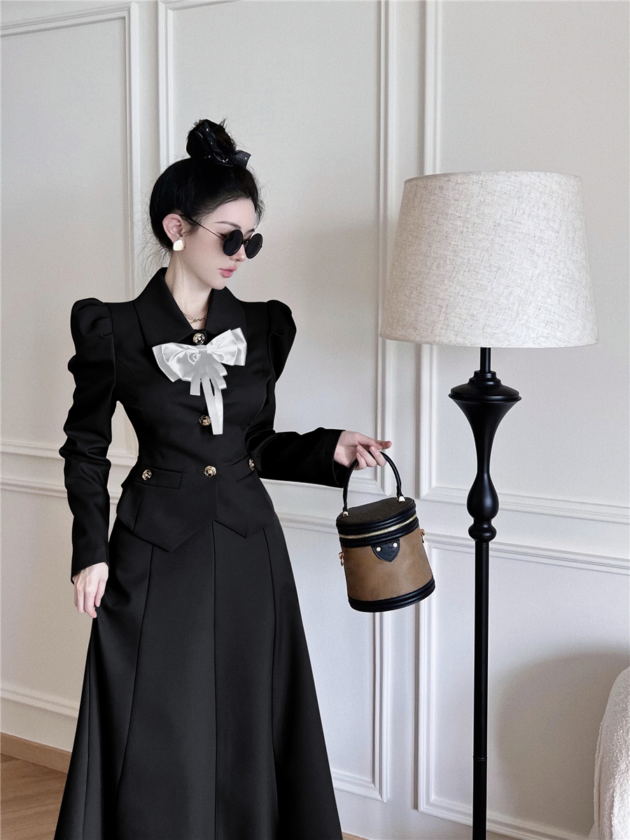 2 Piece Sets Womens Outfits Bow Woolen Coat A Line Swing Black Skirts Long Puff Sleeve Shirts Korean Clothes 2022 Fall alx