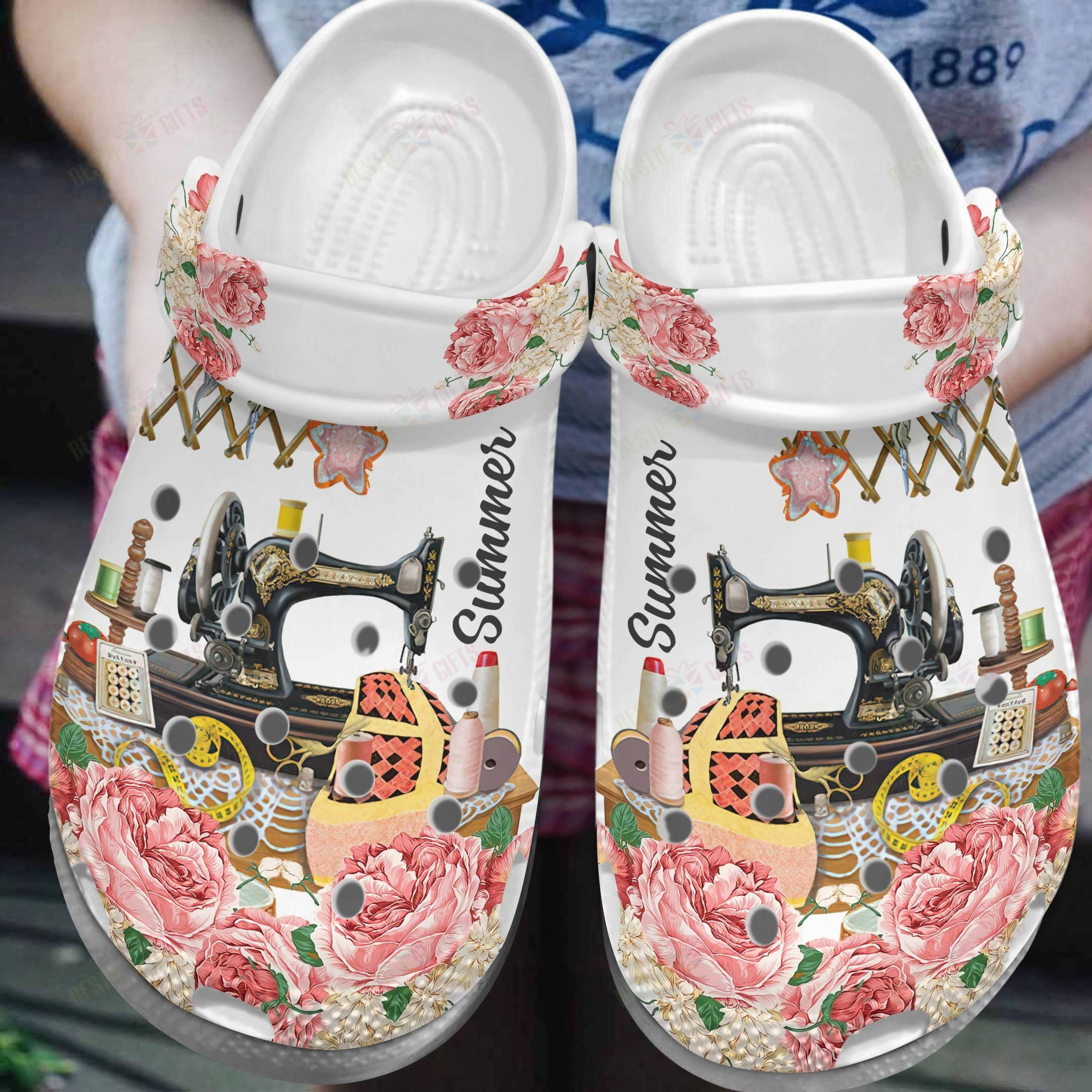 Sewing Personalized Crocs Classic Clog Whitesole Vintage Sewing Room Shoes