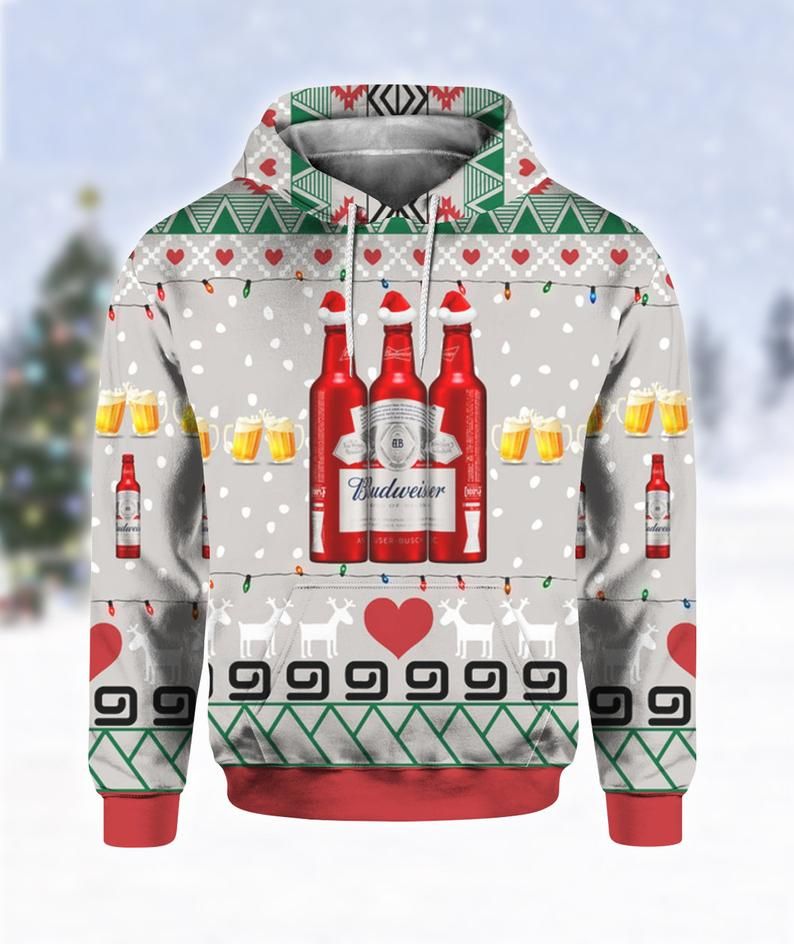 Budweiser Beer Red Bottles Print Ugly Christmas Hoodie 3D