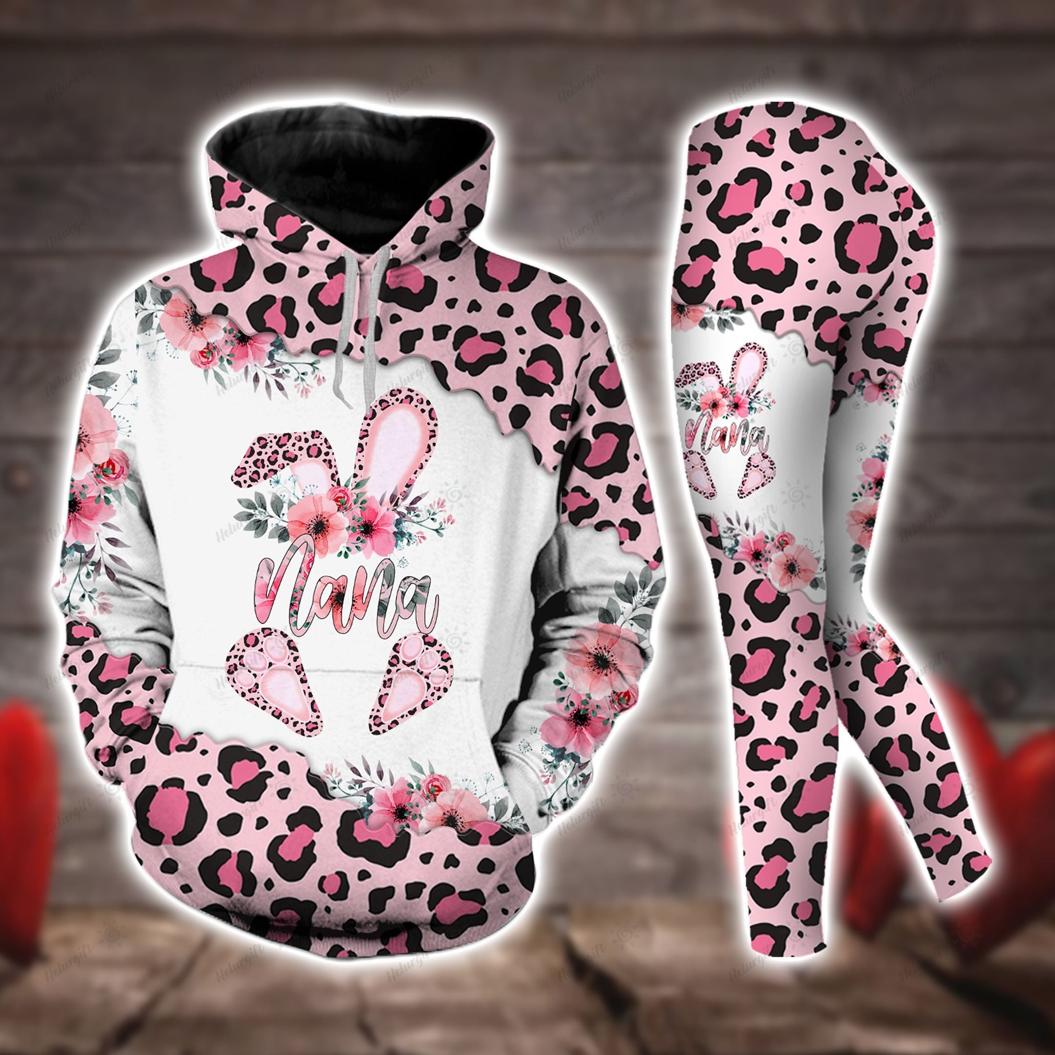 Pink Nana Bunny Easter Leopard 3D All Over Printed Hoodie Set Tanktop Legging Set  Outfit