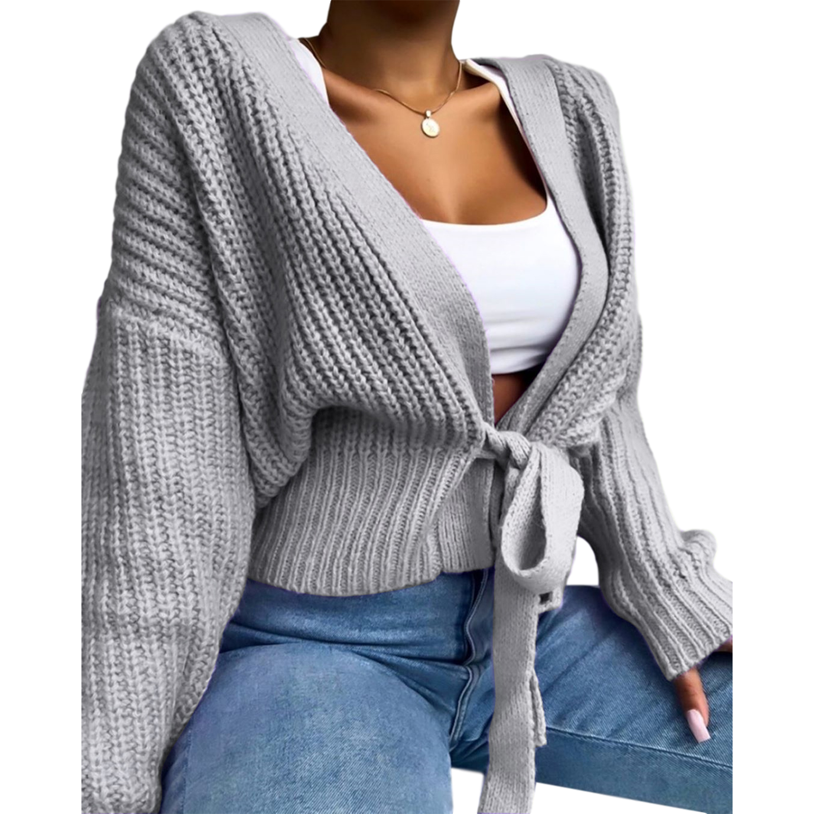 Women’s Sweater V-Neck Cardigan Lace Up Bow Sweater Solid Color Female’s Coat White Purple alx