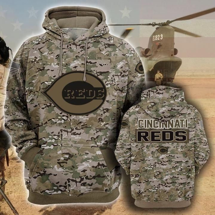 Cincinnati Reds Camouflage Veteran 3D Cotton T-Shirt Hoodie