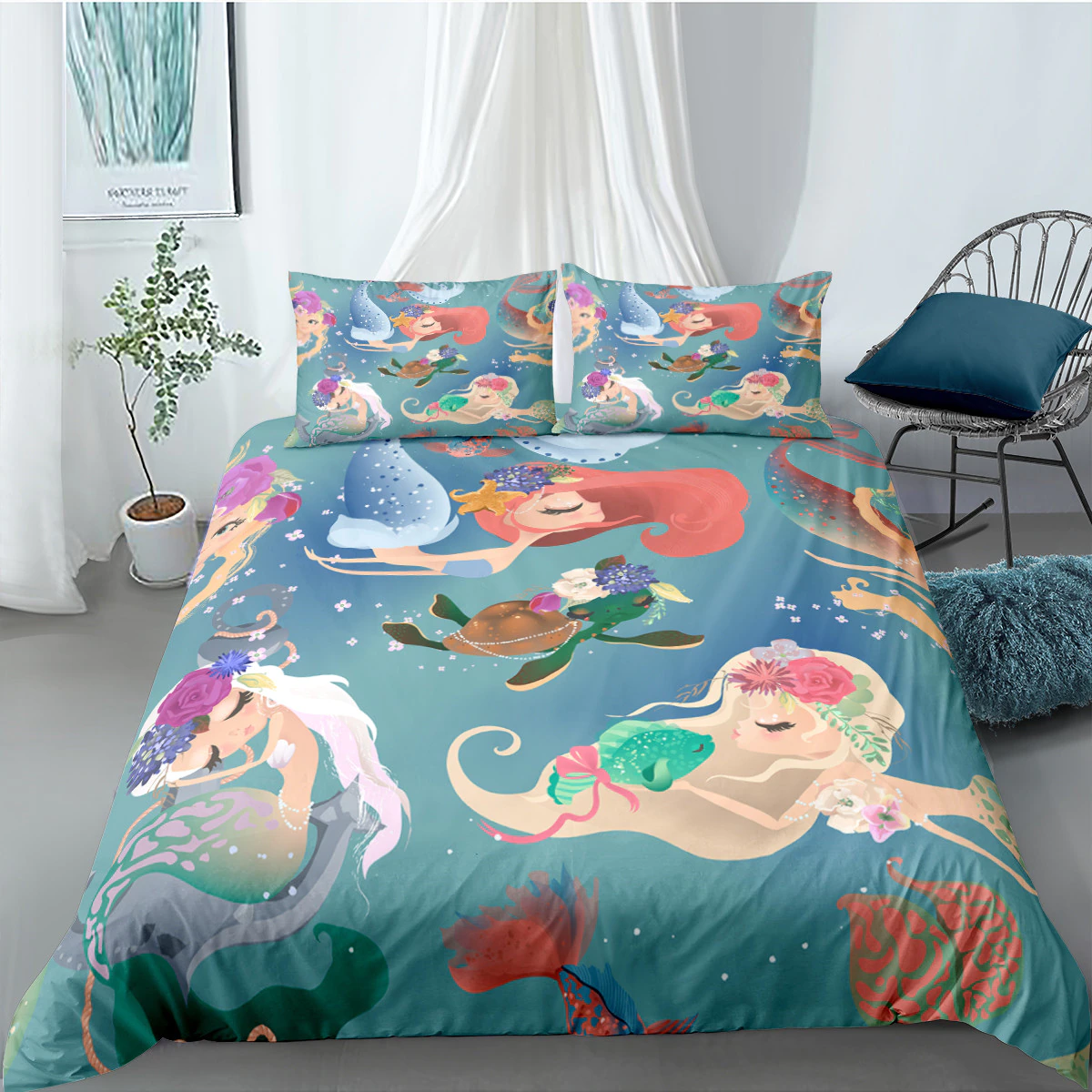 Cute Cartoon Mermaid 3D Bedding Sets Europet Adult/Child Girl Navy Pink Duvet Cover Cover Pillowcase Bedroom Cover Shirttrend