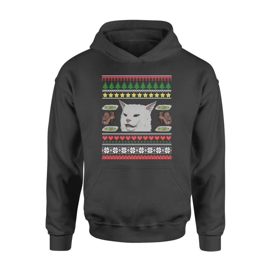 Woman Yelling At Table Dinner Ugly Christmas Cat Meme Hoodie