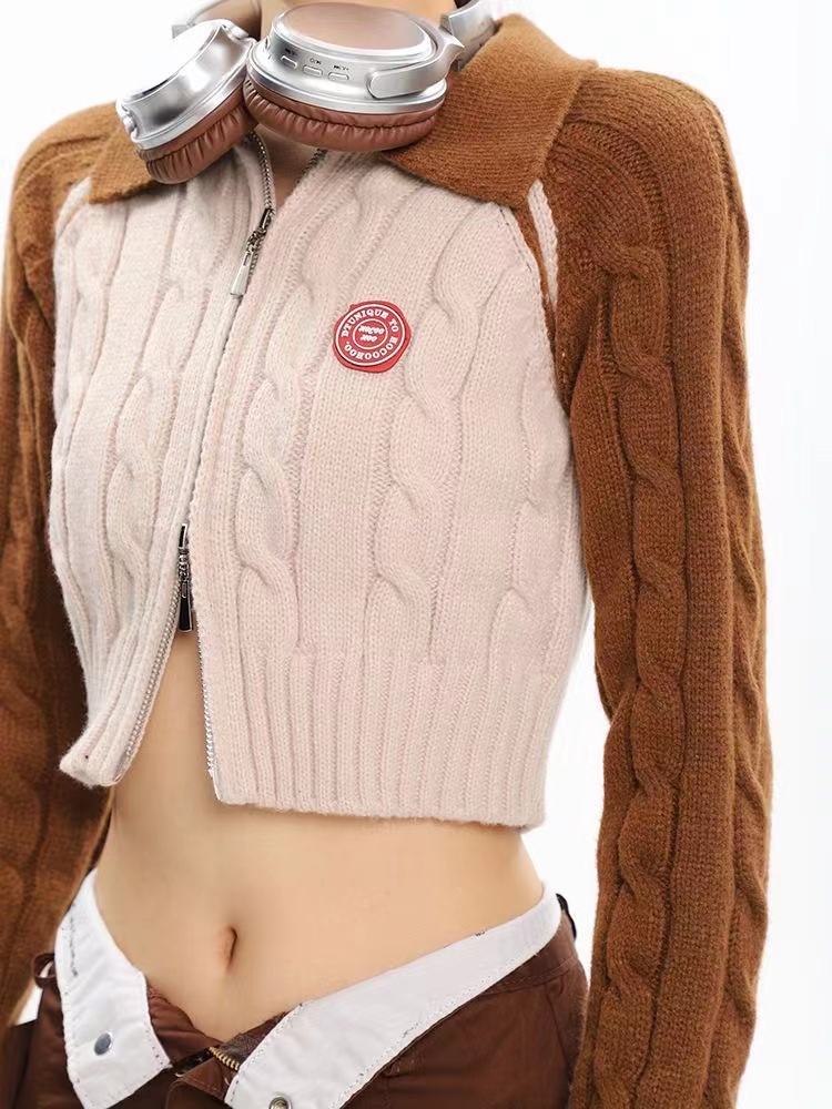 Y2k Clothes Brown Holes Knitted Zip up Cardigans Solid Retro Harajuku Cute Prepply Jumpers Full Grunge winter clothes women alx