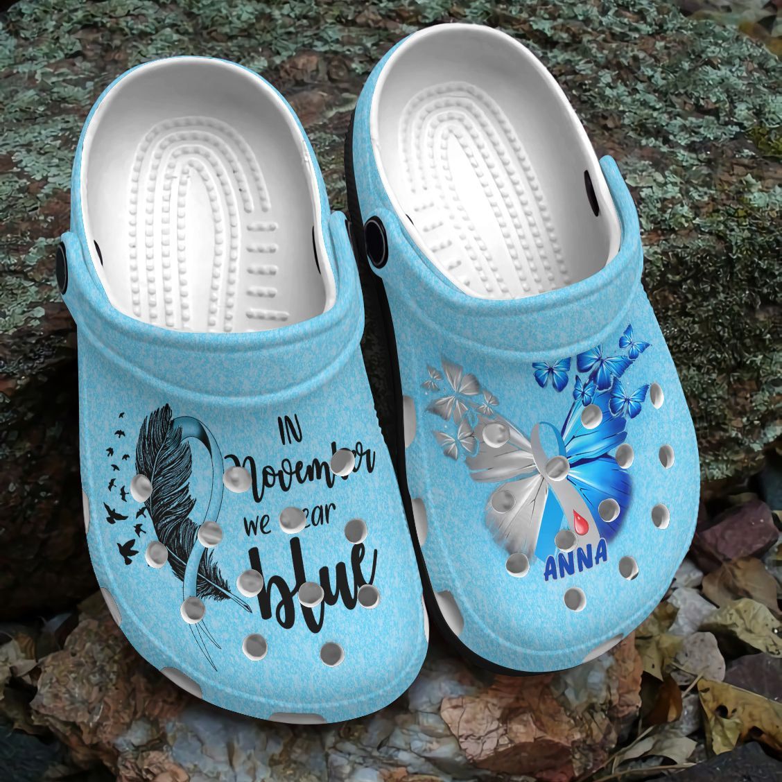 Diabetes Personalized Clog, Custom Name, Text, Color, Number Fashion Style For Women, Men, Kid, Print 3D In November We Wear Blue Feather