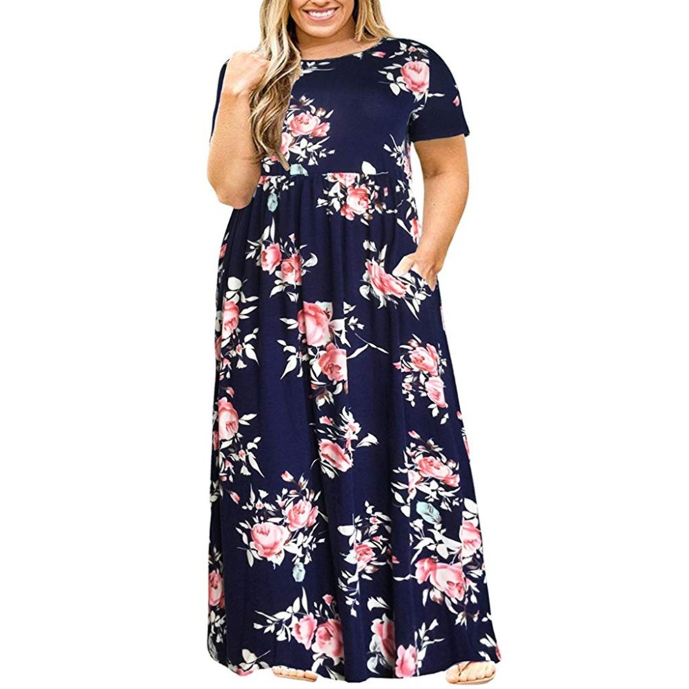 Big size dress women summer large size short sleeve print wear-resistant long dress plus size fat MM women clothing maxi dress alx