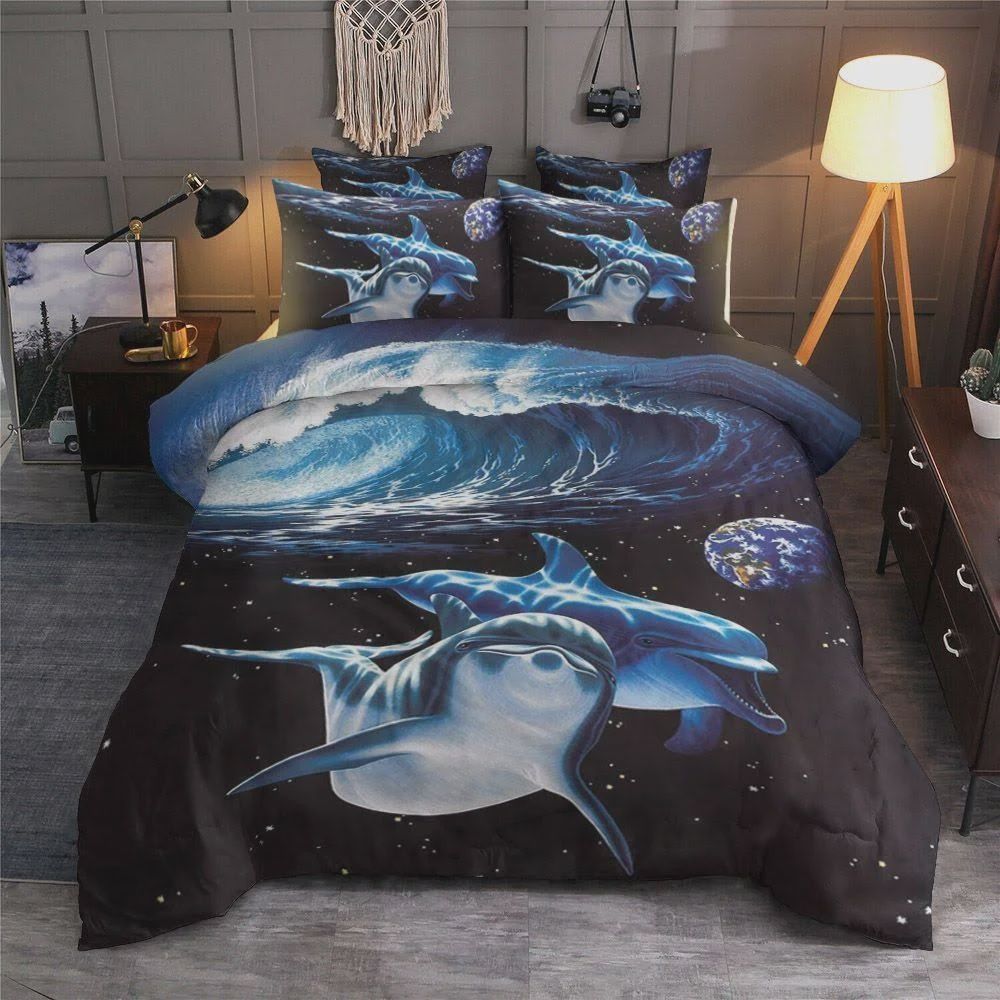 3D Dolphin Under Ocean Wave Cotton Bed Sheets Spread Comforter Duvet Cover Bedding Sets