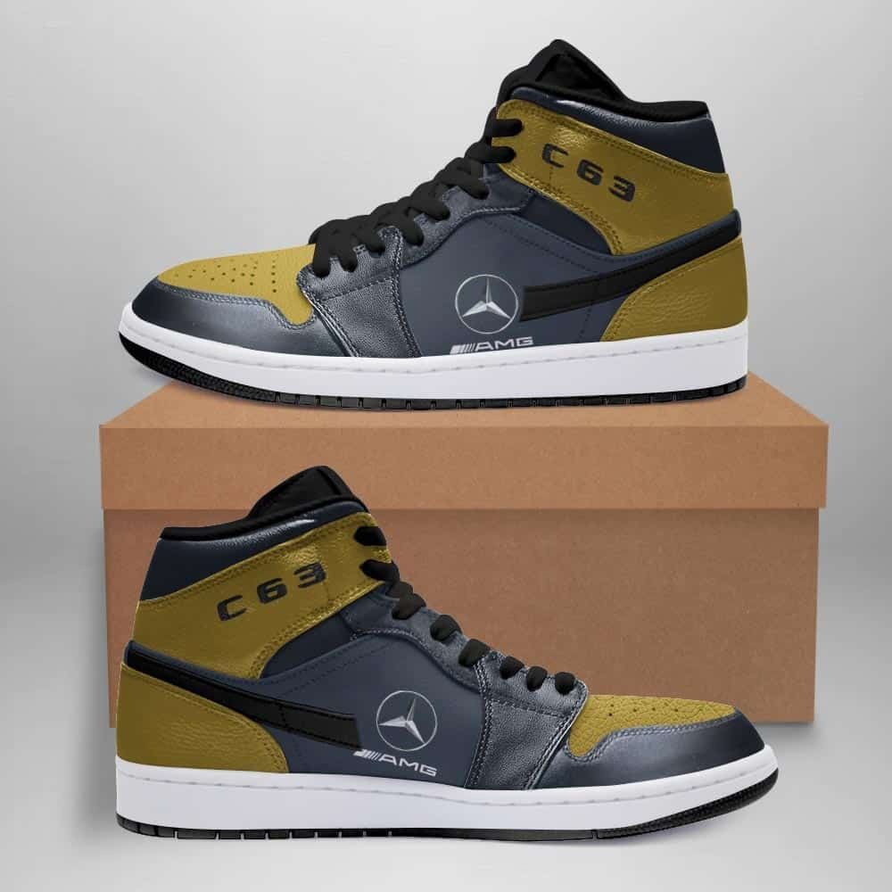 Mercedes Amg Gold And Grey Themed Air Jordan 1 Mid Printing Shoes Sneaker