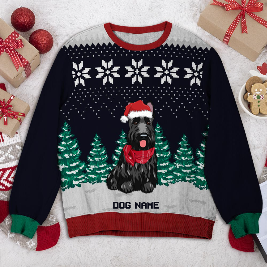 Scottish Terrier Dog And Christmas Tree Personalized Sweater, Dog Ugly Christmas Sweater