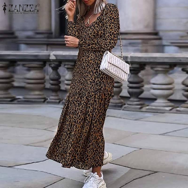 Sexy V Neck High Split  Long Sleeve  Leopard  Dress