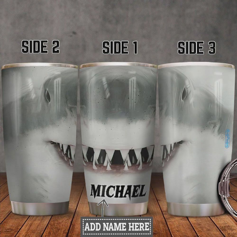 Smiling Shark Tumbler Cup Personalized, Stainless Steel Vacuum Insulated Tumbler 20 Oz, Gray Shark, Shark On The Seabed, Dangerous Shark, Gifts For Birthday Christmas Perfect Gifts For Shark Lovers