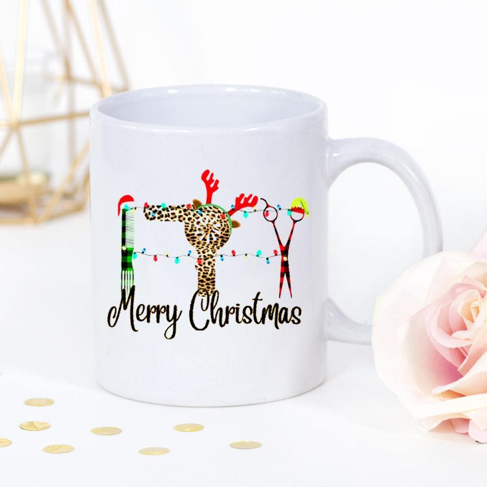 Hairdresser Merry Christmas Leopard Santa Hat Colorful Light White Mug