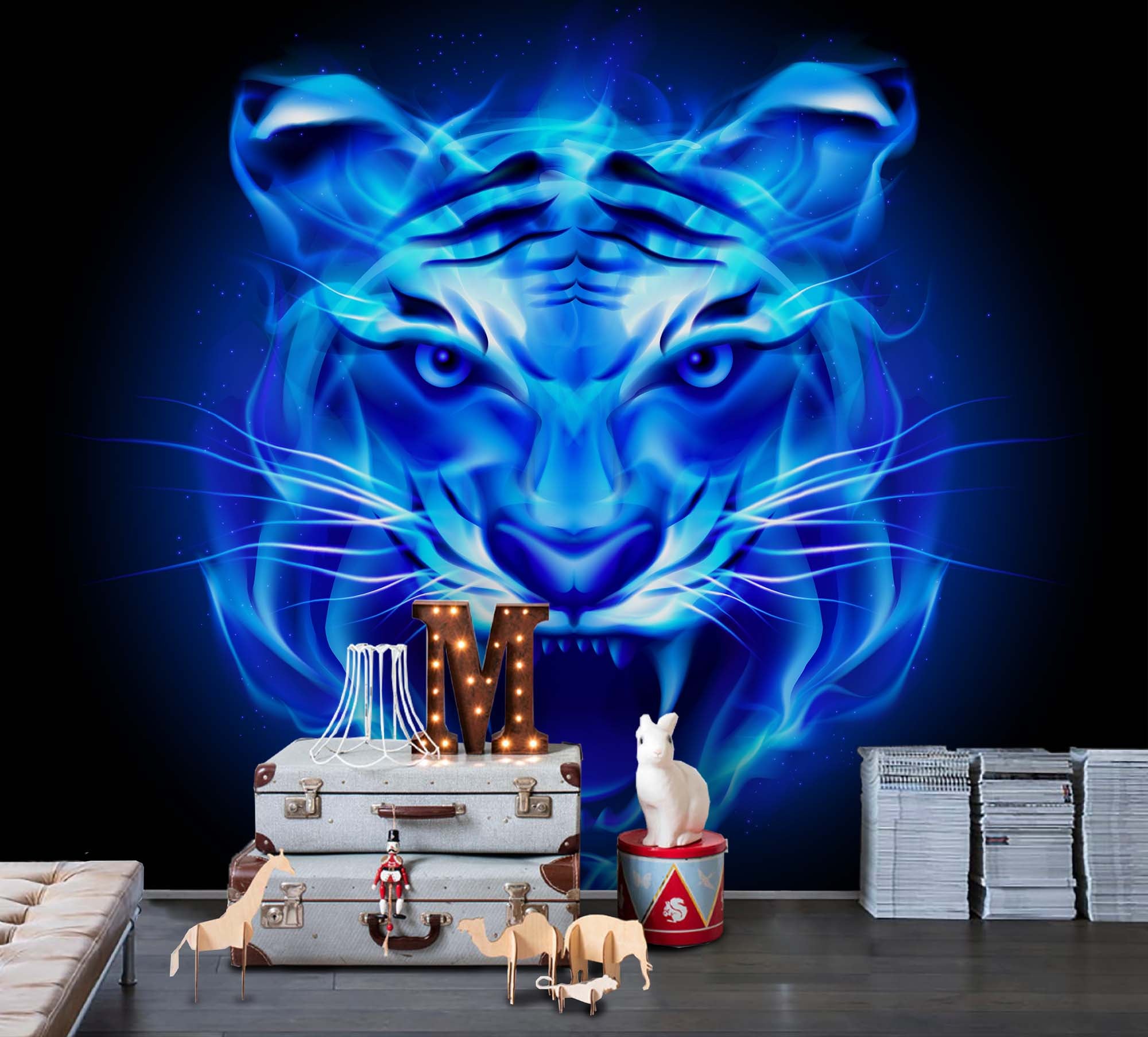 3D Blue Tiger Wall Mural Wallpaper Sf02