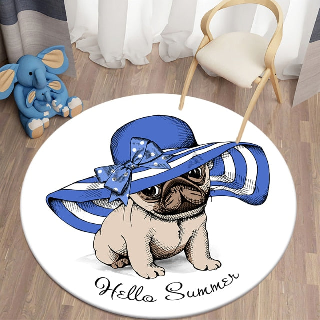 Cartoon Pug Wearing Floppy Hat Round Carpets For Children’S Room Living Room Rugs Puppy Soft Flannel Floor Area Rug