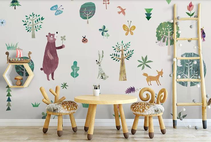 3D Hand Drawn Forest Animal Tree Wall Mural Wallpaper Lqh 175