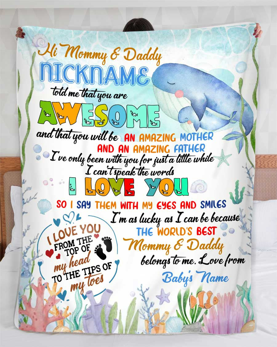 Personalized Whales Mom And Baby Blanket Hi Mommy And Daddy Grandma And Grandpa Told Me Blanket Gifts For Expecting New Dad Mom